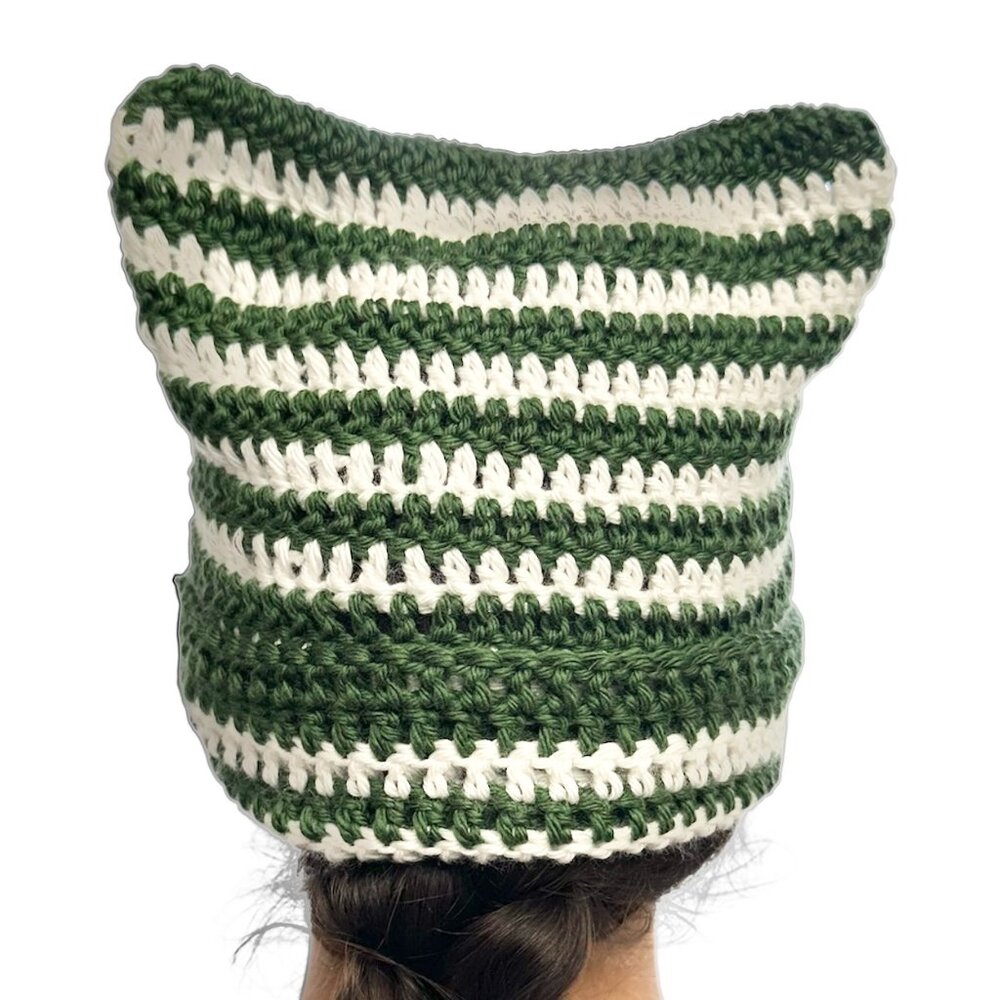 Cat Ear Cuff Oversize Beanie Unisex Green & White Crochet Brand New Handmade